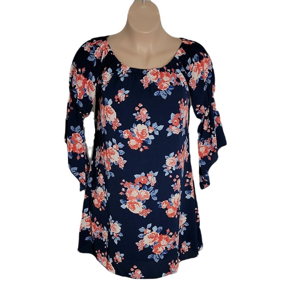 Love Ryan Cute Short Dress ~ Sz L ~ Blue ~ 3/4 Sleeve ~ Elastic Neck